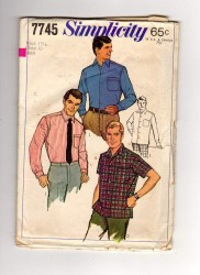7745 SIMPLICITY 1968 MR TAPERED SS-LS SPORT  COLLAR SHIRT PATTERN 15 38'' OR 16.5 44" CHOICE